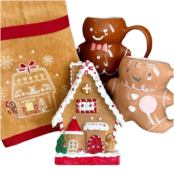 NWT Peppermint& Pine Gingerbread Man Cookie House XMAS Gift Set Hand Towels Mugs - Picture 5 of 16
